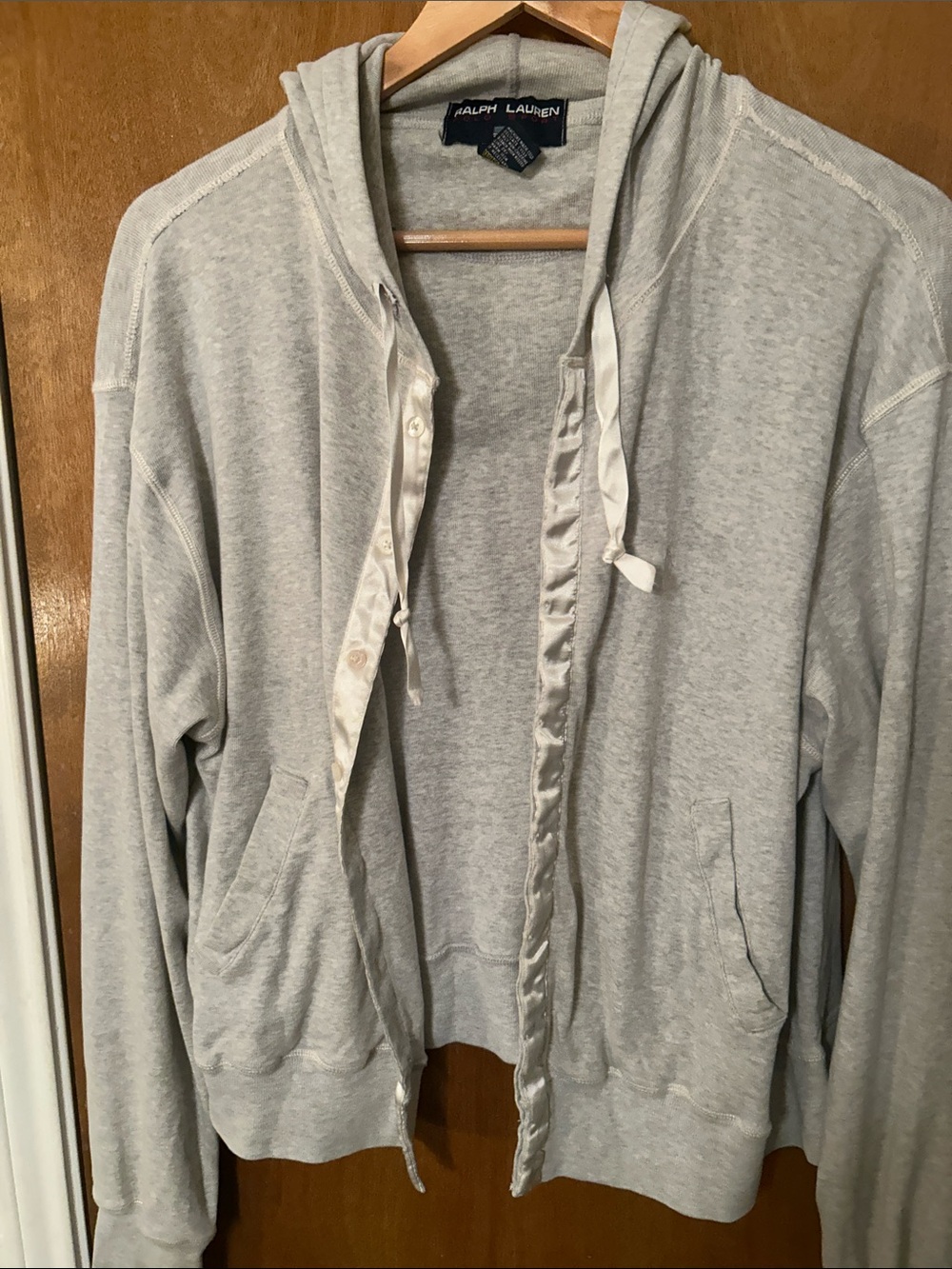 Ralph Lauren Heather Light Gray with silk trim and Hoodie. L Great shape!